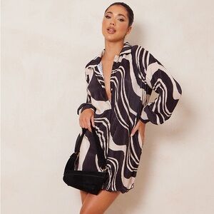 PLT Black & Cream Swirl Print Plisse Frill Hem Shirt Dress NWOT